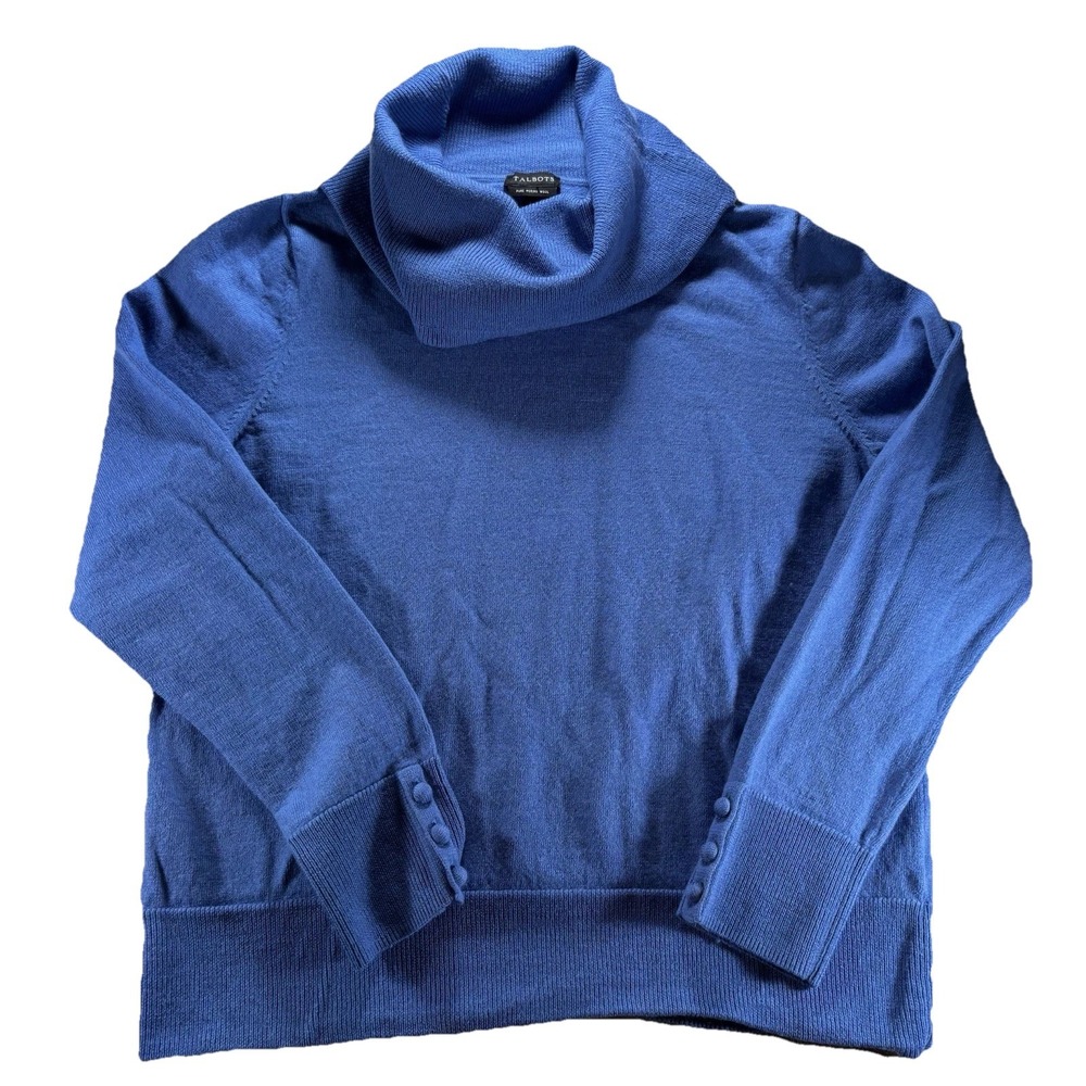 Talbot's Blue Pure Merino Wool Turtleneck Blue Sweater Women's Button At Cuff L